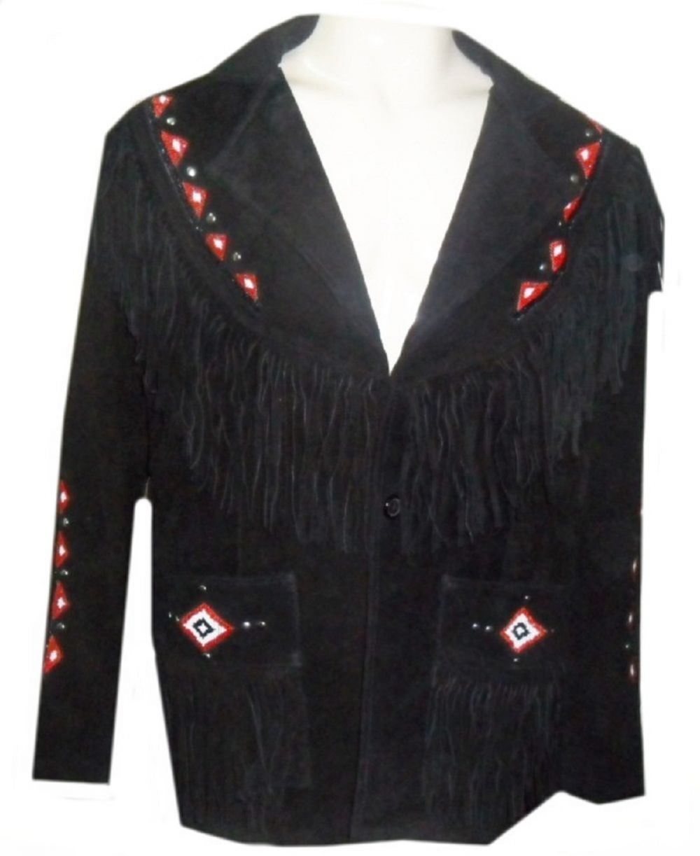 Western Black Suede Leather Fringe Beaded Jacket Cowboy Jacket LWJ375