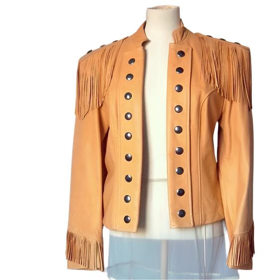 Women’s Western Tan Fringe Silver Stueded Leather Jacket WFJ10310
