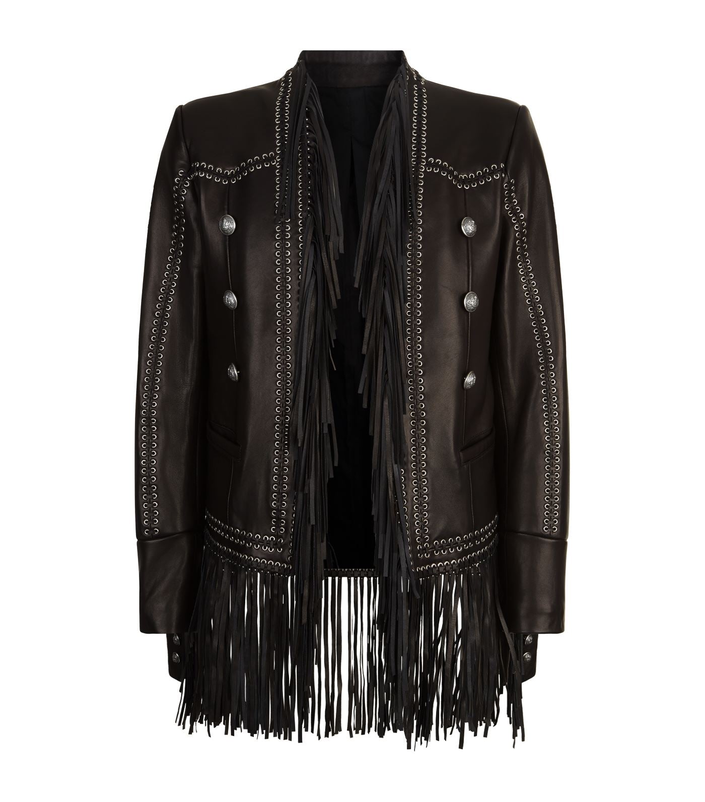 Women’s Western Black Silver Studed Fringe Leather Jacket WFJ9300