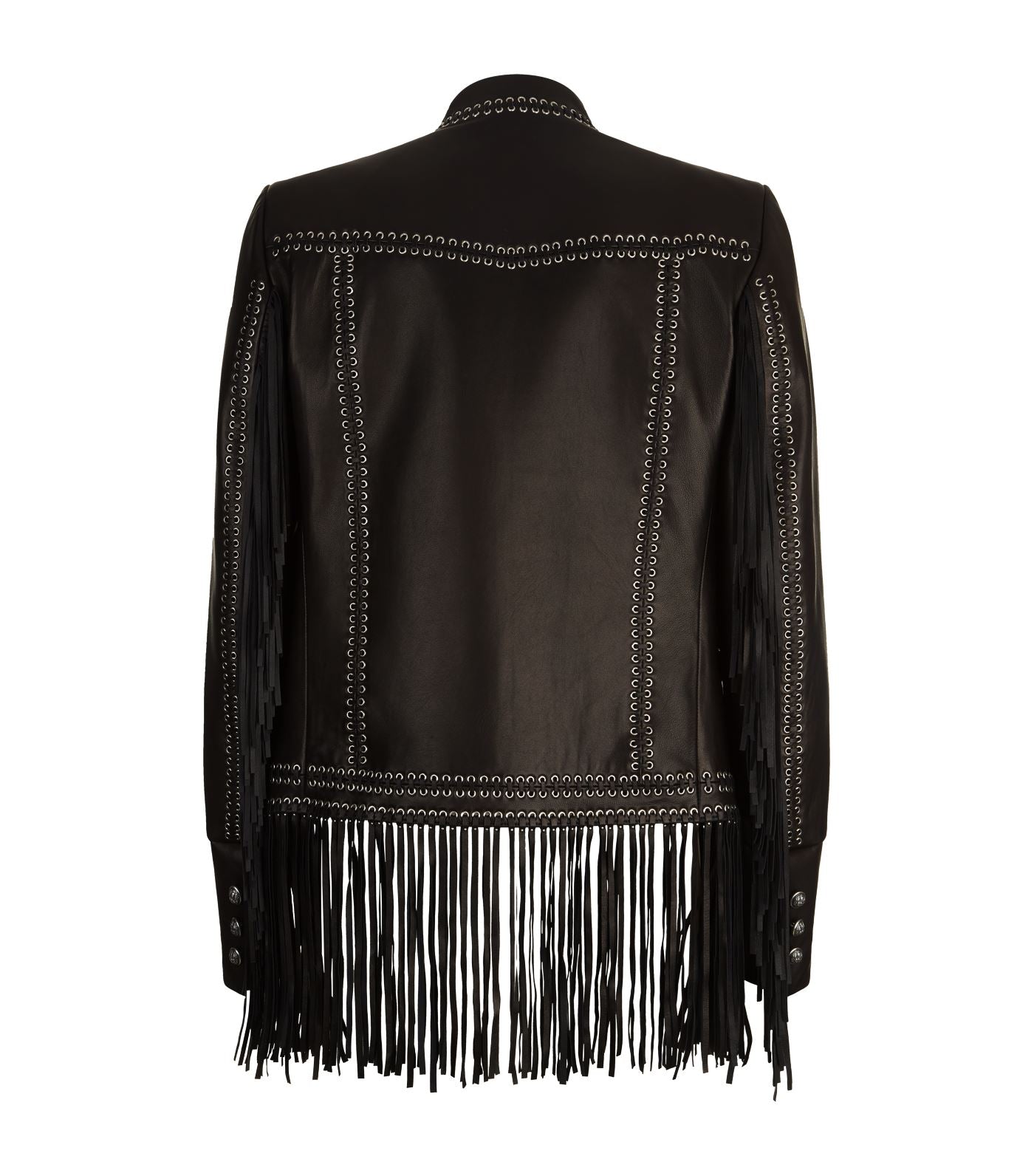 Women’s Western Black Silver Studed Fringe Leather Jacket WFJ9300