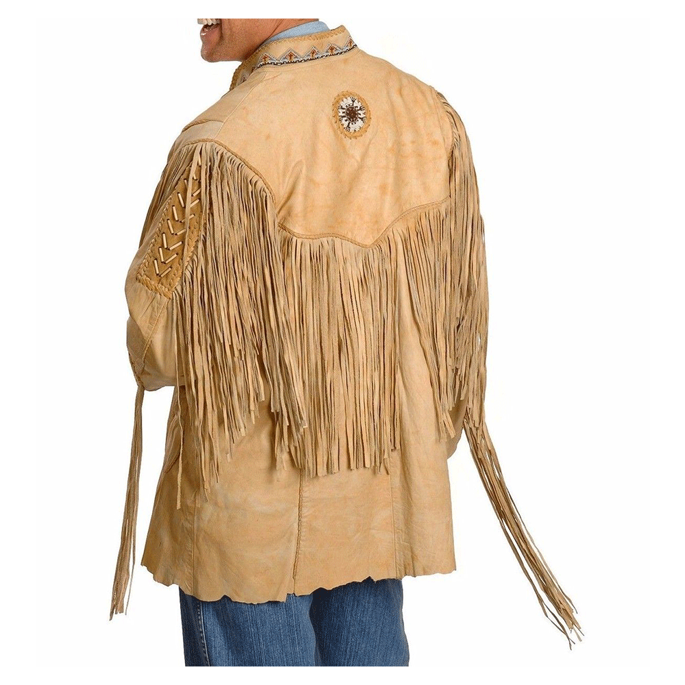 Western Beige Fringe Beaded Leather Jacket Cowboy Jacket WJ1190