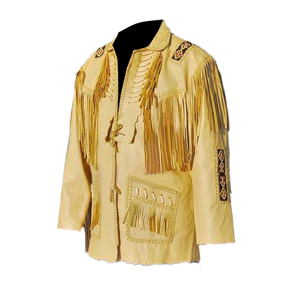 Beige Suede Leather Fringe Beaded Jacket For Men