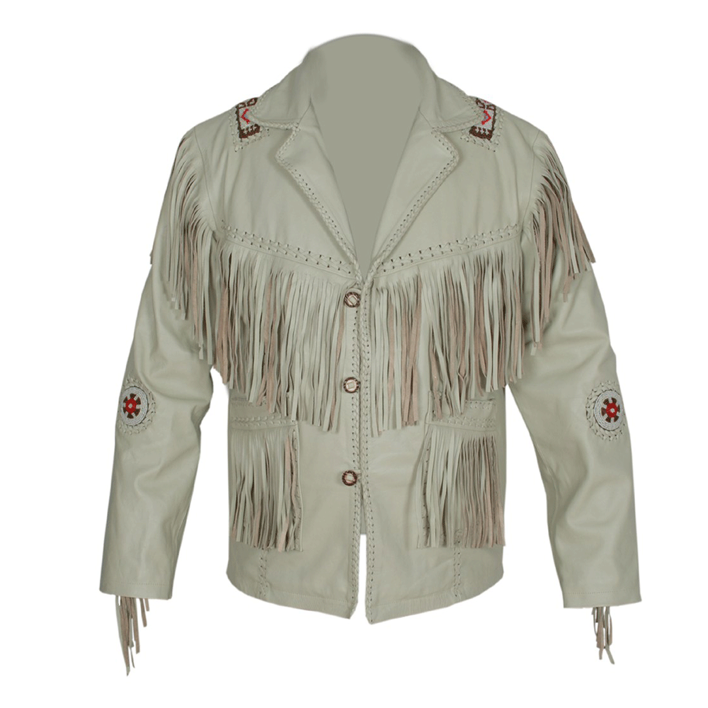 Western Beige Leather Fringe Beaded Jacket Cowboy Jacket LWJ506