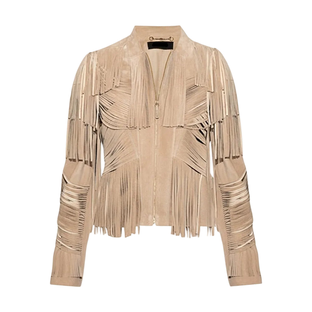 A BEIGE LEATHER JACKET WITH FRINGES ON WHITE BACKGROUND