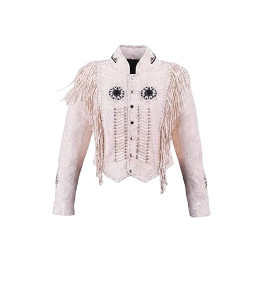 White leather jacket with fringe and decorative elements on a white background