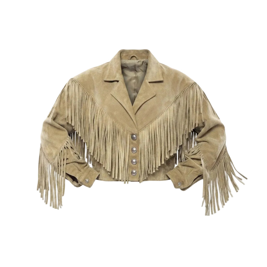 a beige fringe jacket on a white background