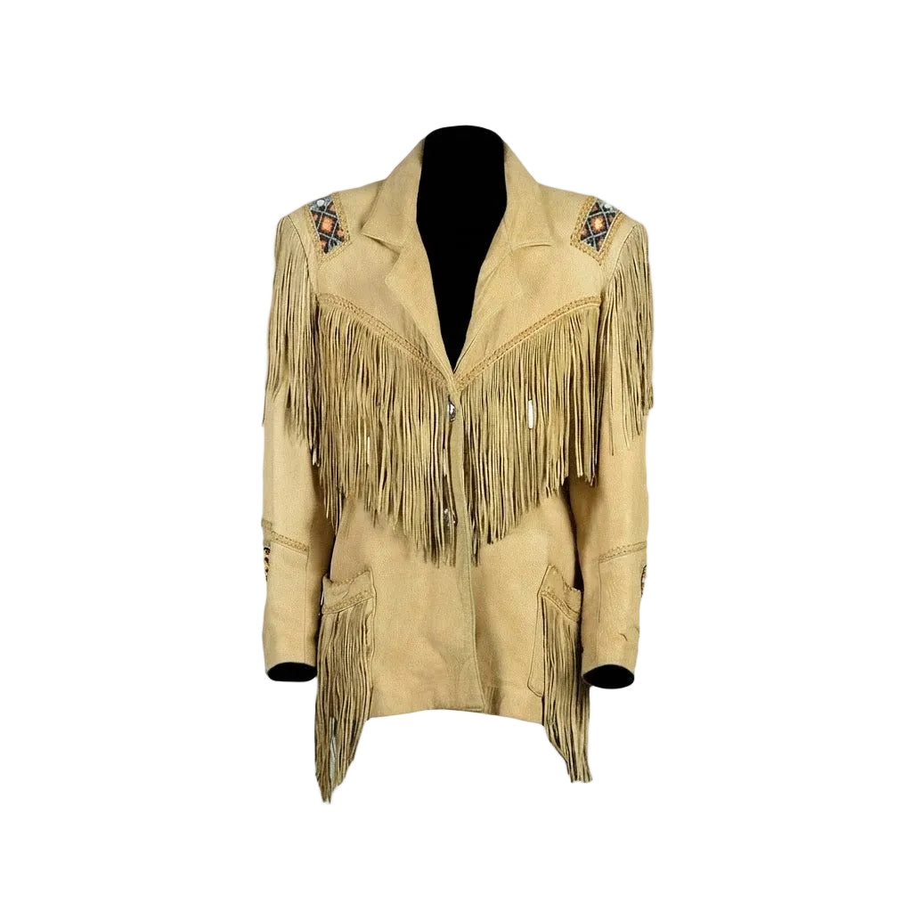 BEIGE LEATHER BEADED JACKET WITH FRINGES ON WHITE BACKGROUND