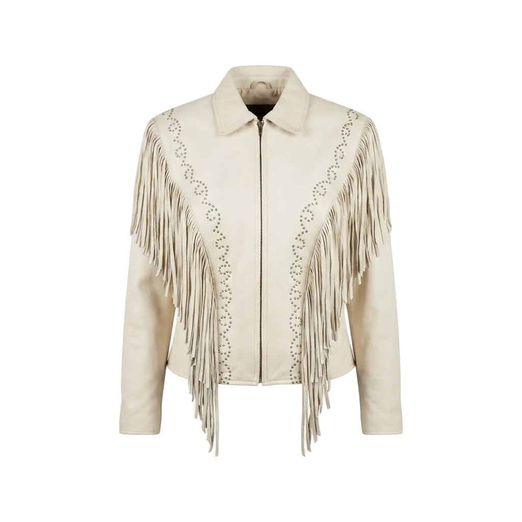 BEIGE LEATHER JACKET WITH FRINGES ON WHITE BACKGROUND