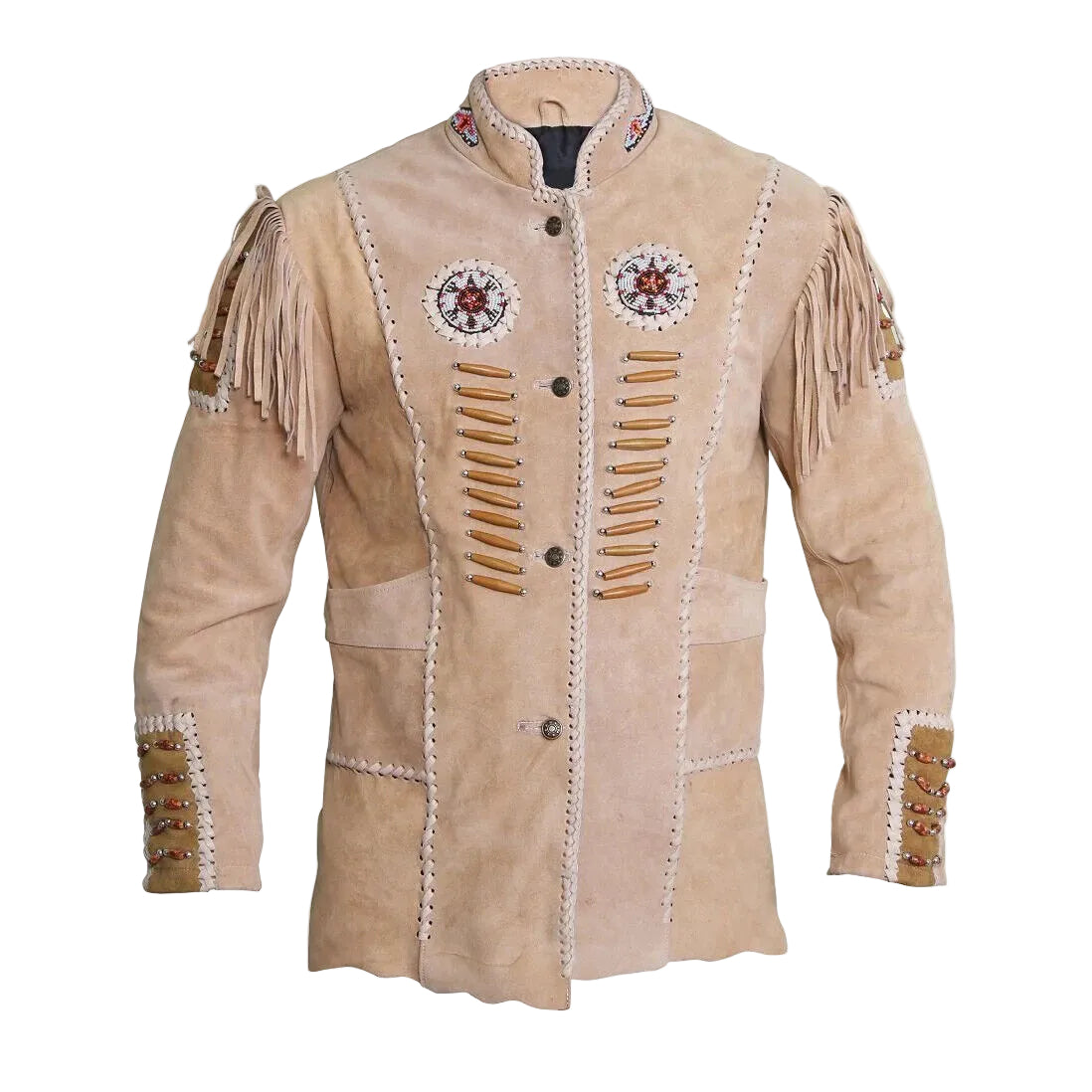 Beige leather jacket with decorative elements on a white background