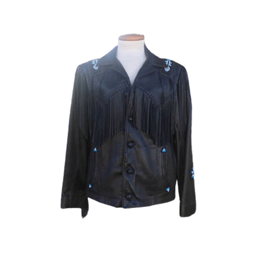 Black Fringe Beaded Leather Jacket Cowboy Jacket For Mens LWJ3520