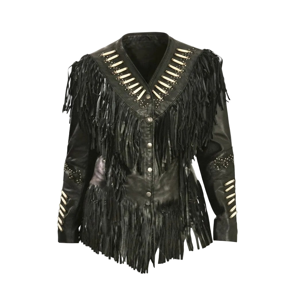 A black faux-leather fringe jacket with western-style embellishments, including cream-colored studded stripes on the shoulders, sleeves, and front button closure.