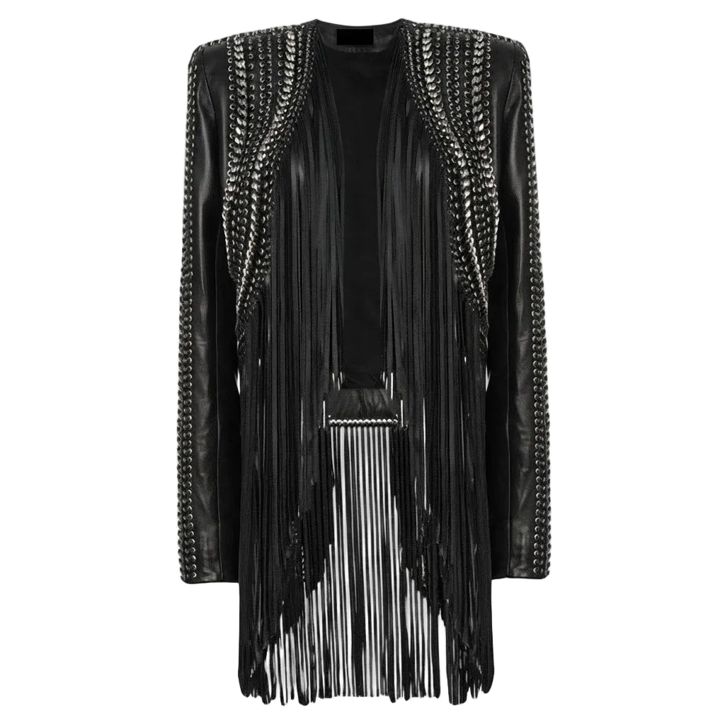 A black leather fringe cardigan jacket featuring silver chain embellishments along the shoulders and sleeves, displayed on a clean white background.