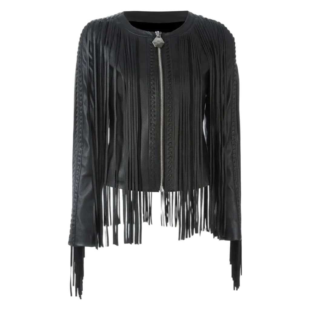 A black faux-leather fringe jacket with a silver front zipper and a decorative silver knot detail at the neckline, shown against a plain white background.
