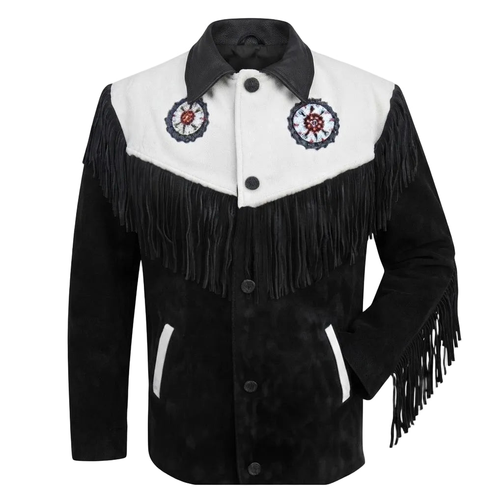 A black and white fringed suede jacket with Native American style beaded chest patches, shown on a white background.