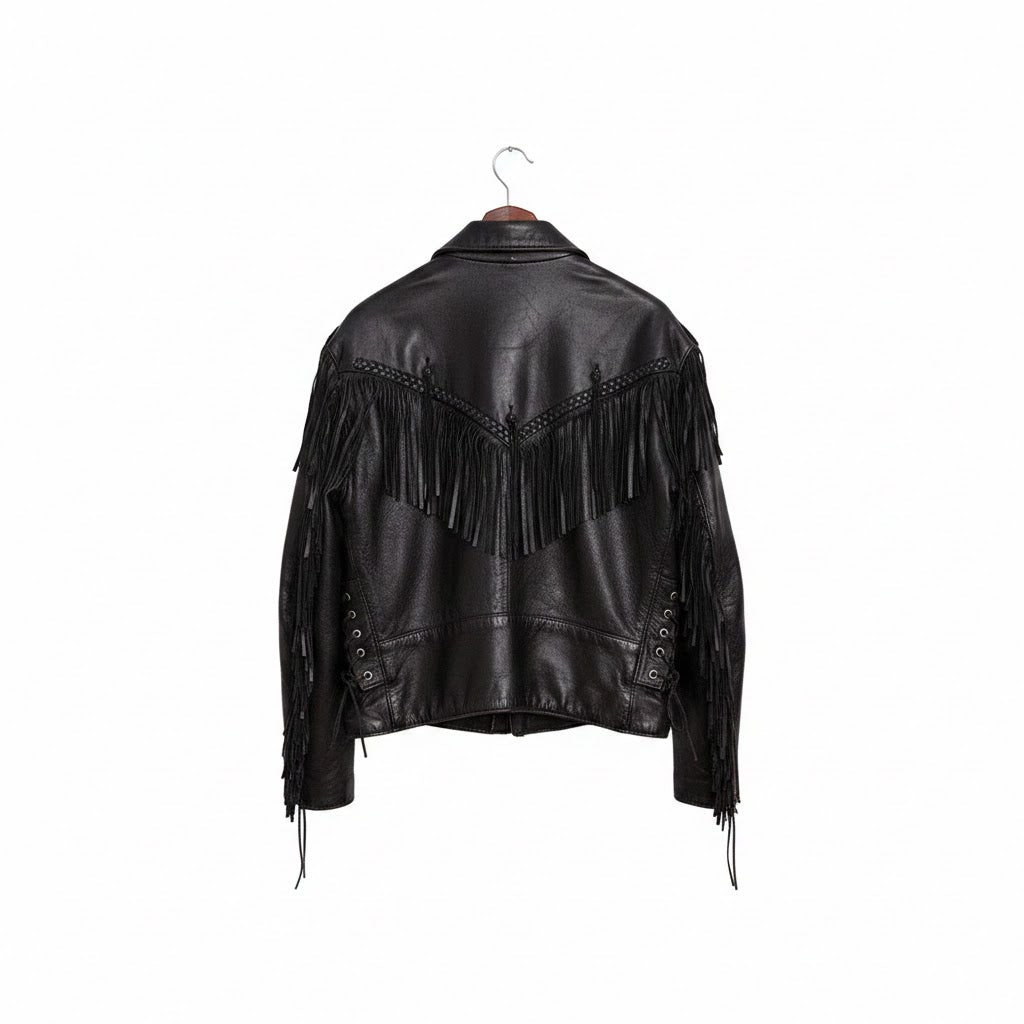 Black leather jacket with fringe details on a white background