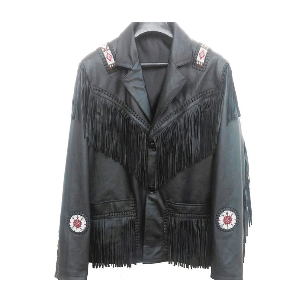 Western Black Leather Fringe Beaded Jacket Cowboy Jacket LWJ354