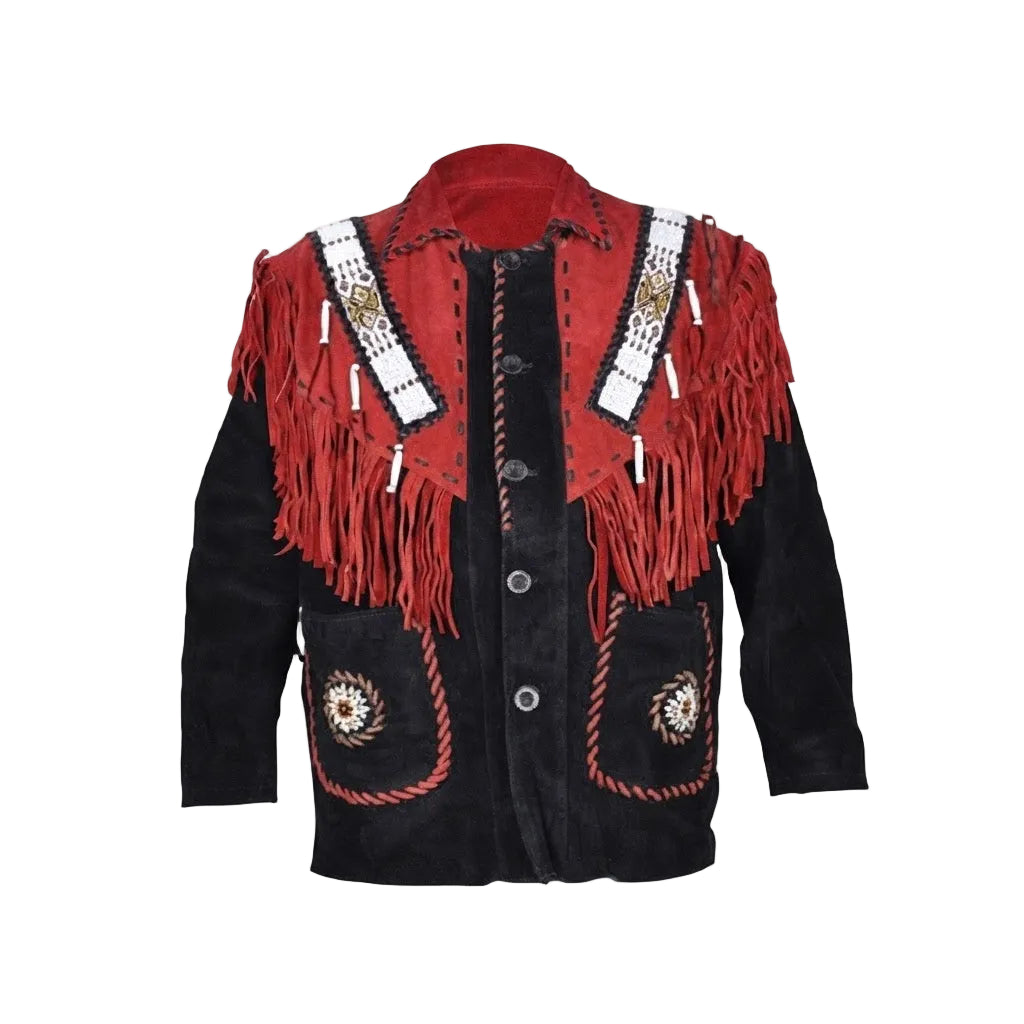 A western-style jacket featuring a black suede body, red suede shoulder panels with long red fringe, white beaded shoulder straps, and embroidered details on the front pockets, shown against a plain white background.