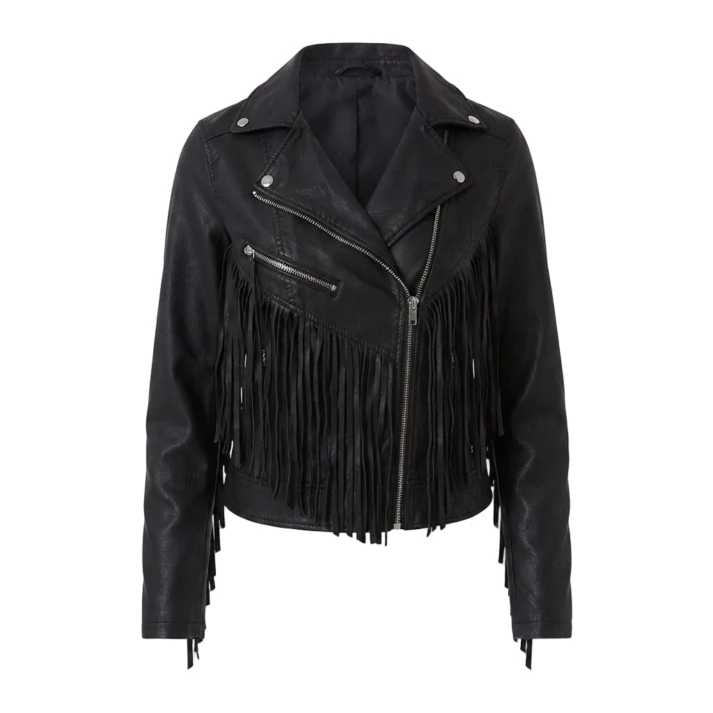 A black leather jacket with fringes on white background