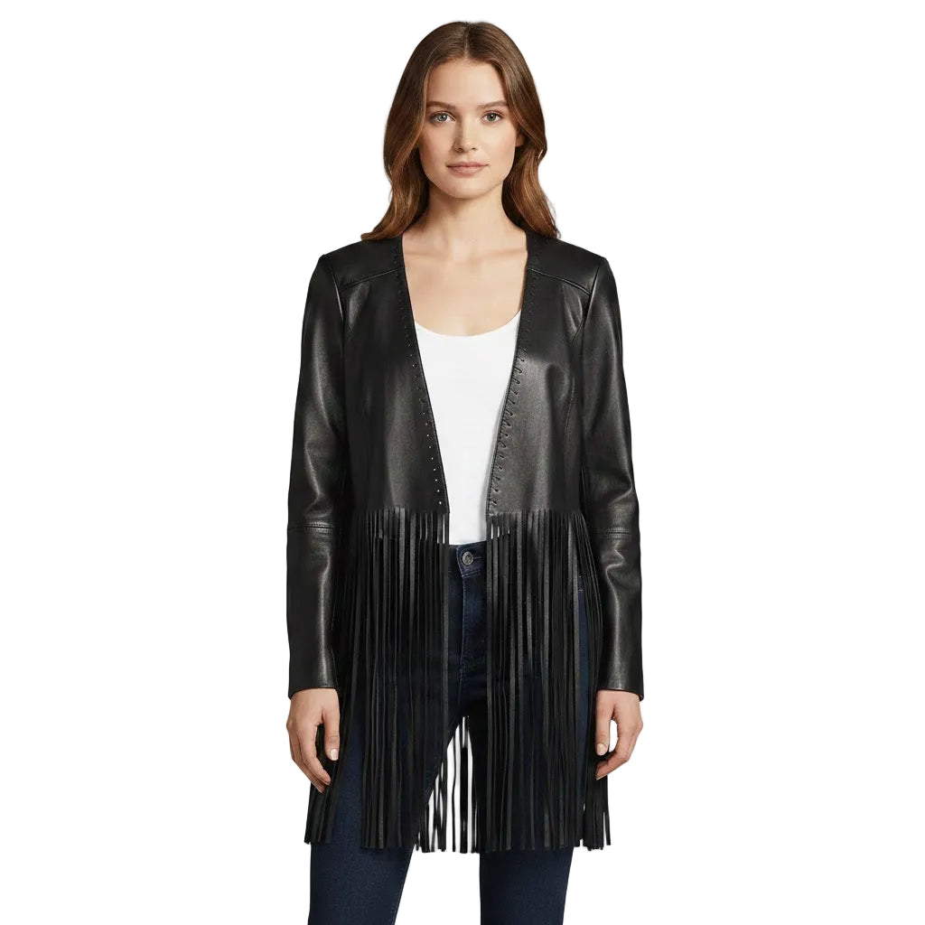 Woman wearing a black leather fringe jacket on a white background