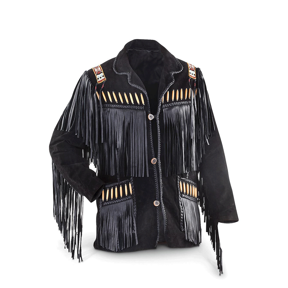 Western Black Suede Leather Fringe Beaded Jacket Cowboy Jacket LWJ366