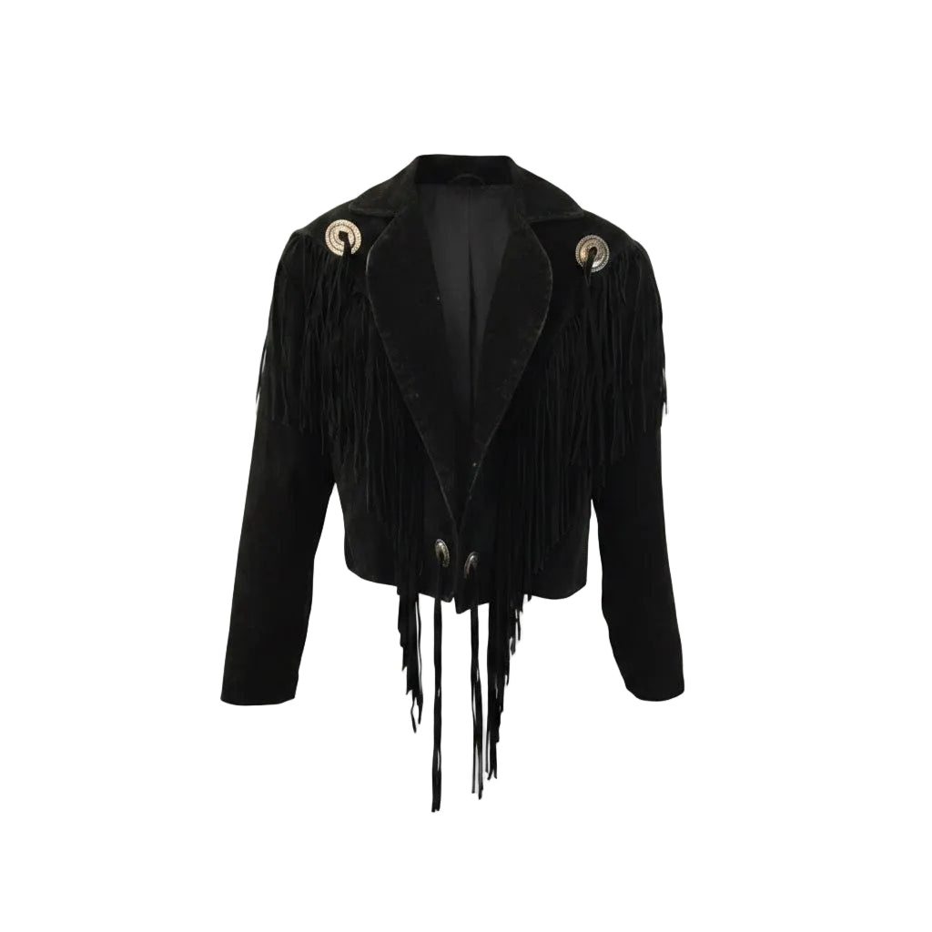 Black fringe jacket on a white background