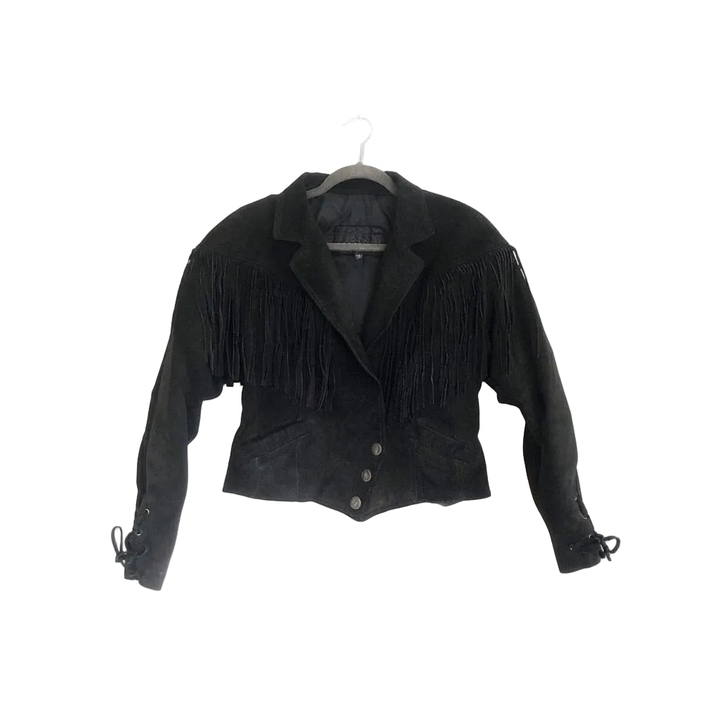 A black suede fringe jacket with a notched lapel, button front, and lace-up cuffs, hanging on a hanger against a white background.