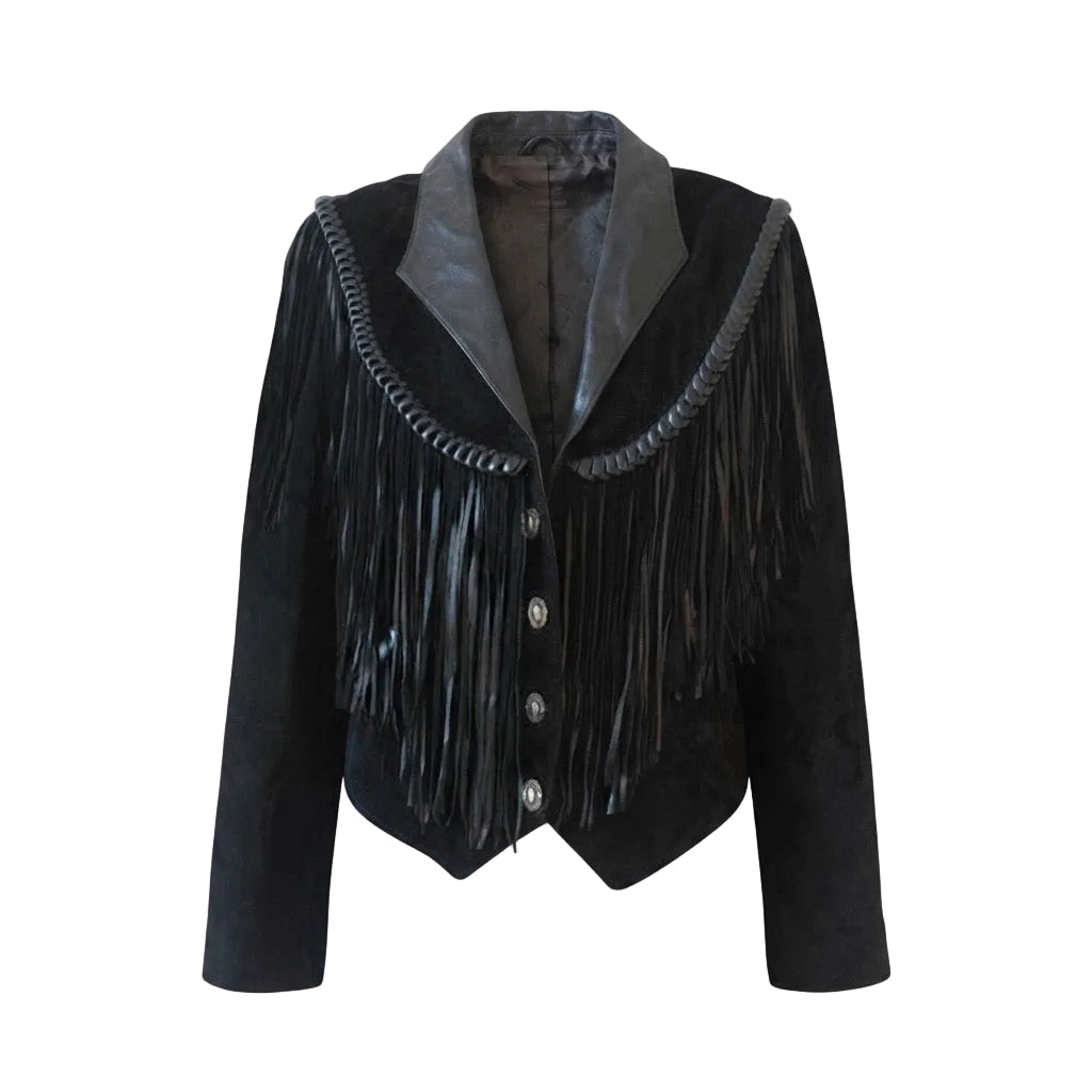 A black western-style jacket featuring long fringe on the front, a wide lapel collar, and decorative trim, shown against a plain white background.