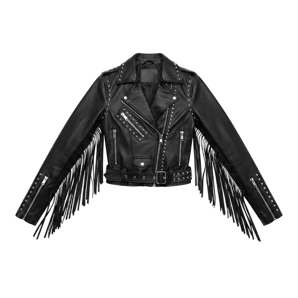 Black faux leather moto jacket with silver-tone hardware, studded details, and long fringe hanging from the sleeves, shown on a plain white background.