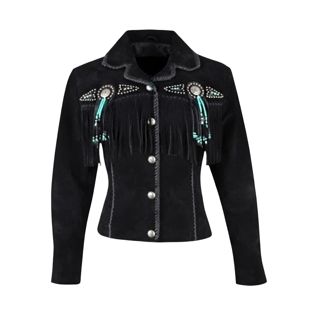 A black suede western-style jacket with fringe, silver-tone buttons, and turquoise beadwork on the chest, shown against a light gray background.