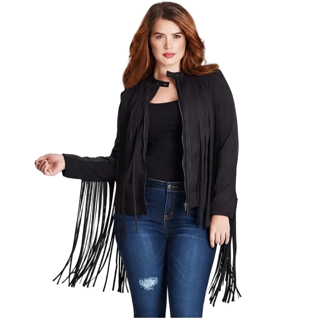 A woman modeling a black fringe cardigan with a tie-neck detail, worn open over a black top and blue jeans, against a plain white background.