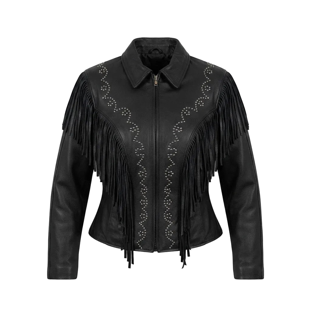 A black leather fringe jacket with decorative silver studs on the front panels, shown against a plain white background.