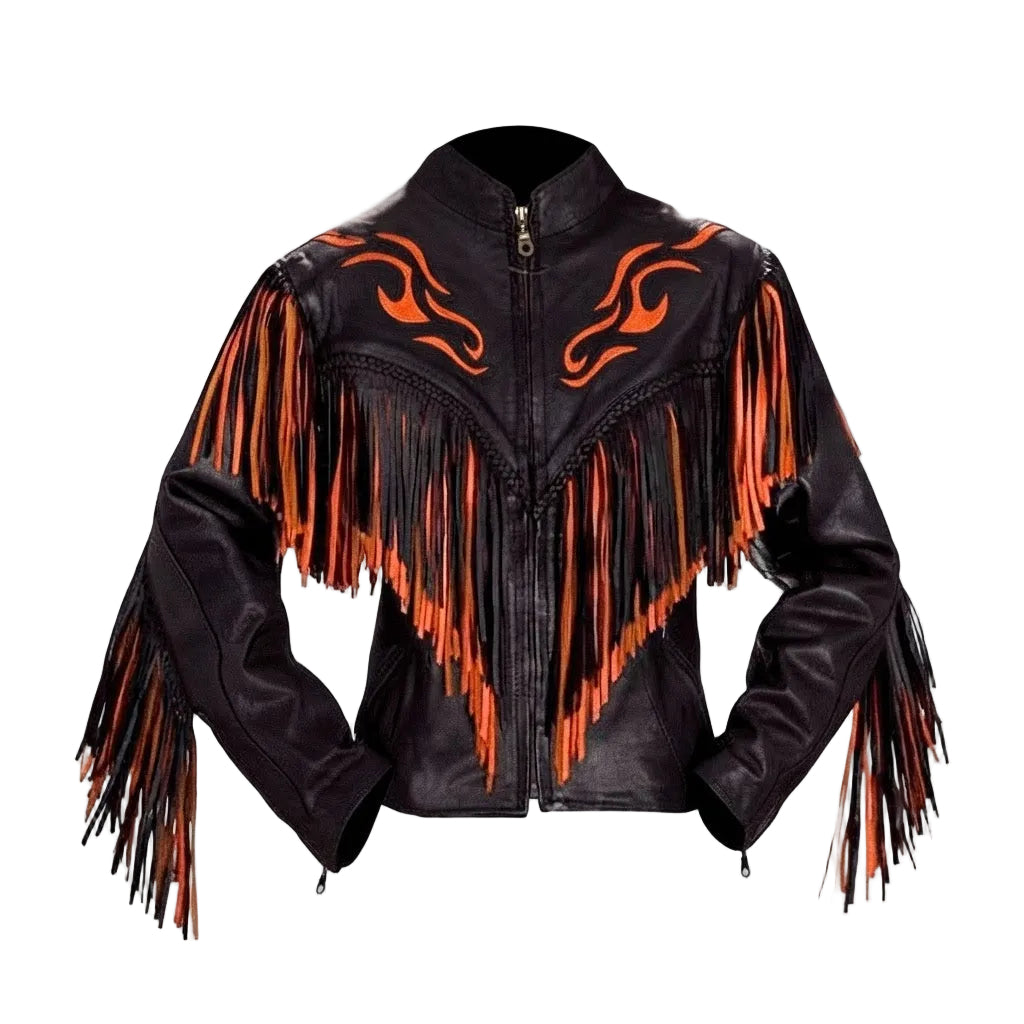 Black faux leather fringed jacket with orange flame designs on the chest and orange fringe accents, shown against a plain white background.