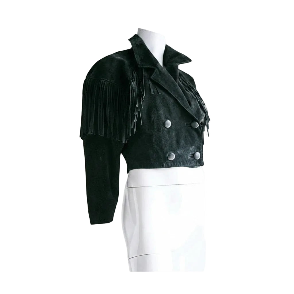 Black fringed jacket on a mannequin against a white background