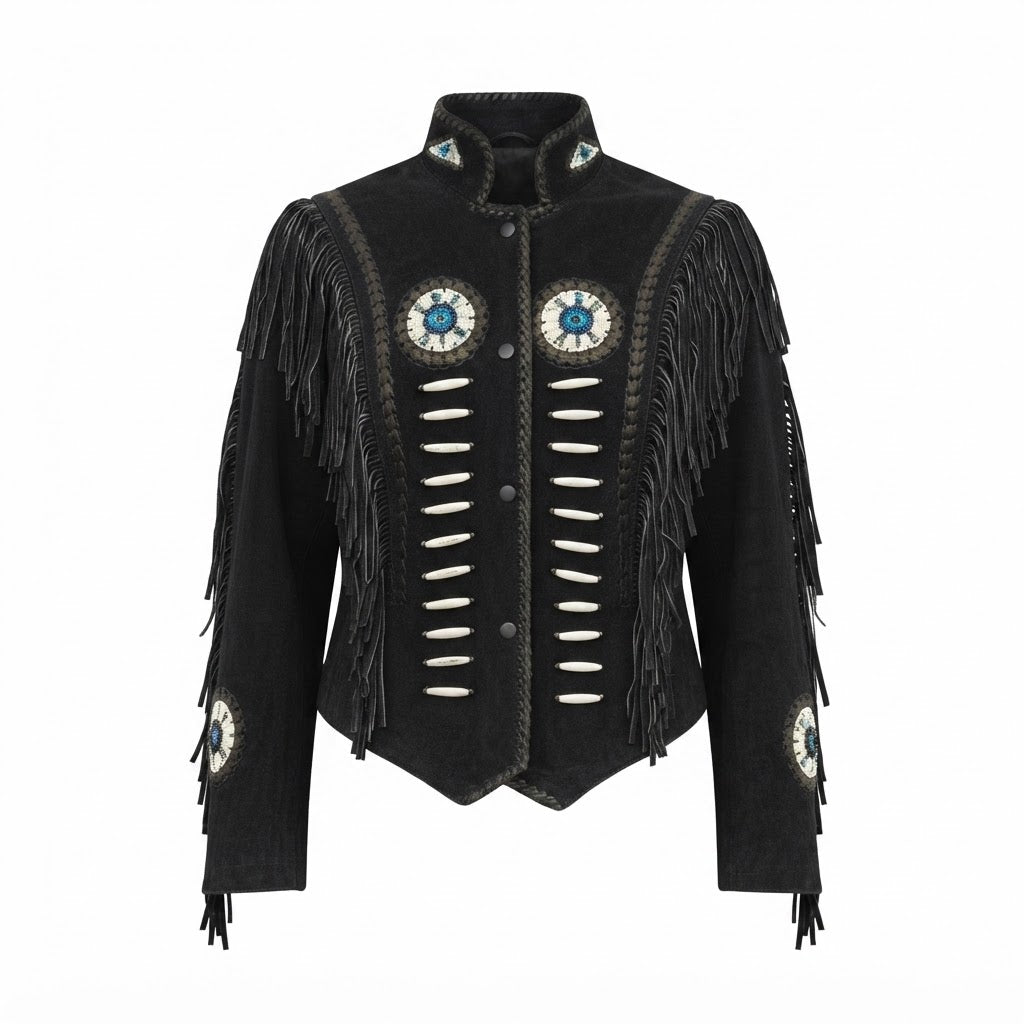 A black suede fringed jacket with intricate western-style beadwork and silver-toned embellishments, displayed against a solid white background.