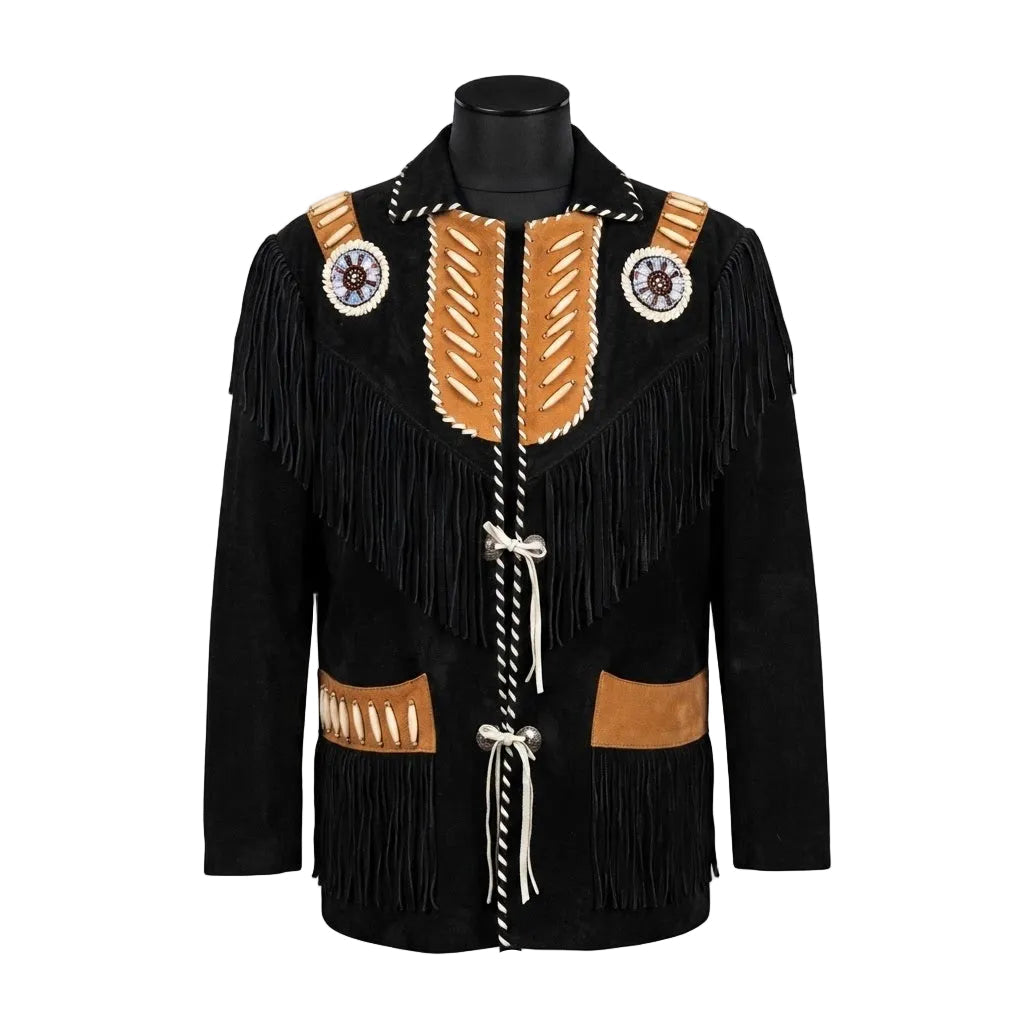 A black suede fringed jacket with tan leather panels, white beadwork, and decorative braided cord closures, displayed on a black mannequin torso against a white background.