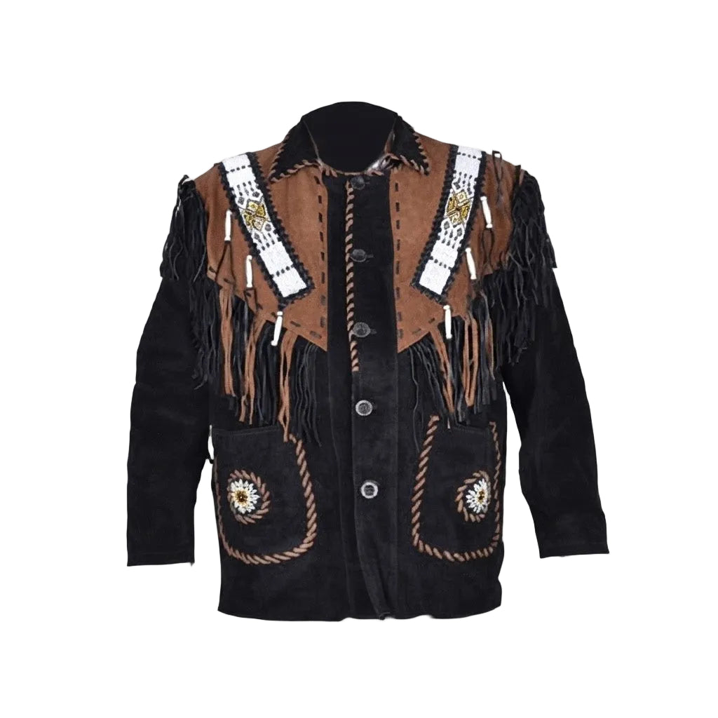 A black suede jacket with brown suede shoulder panels, fringe details, white beaded shoulder straps, and embroidered pockets on a white background.
