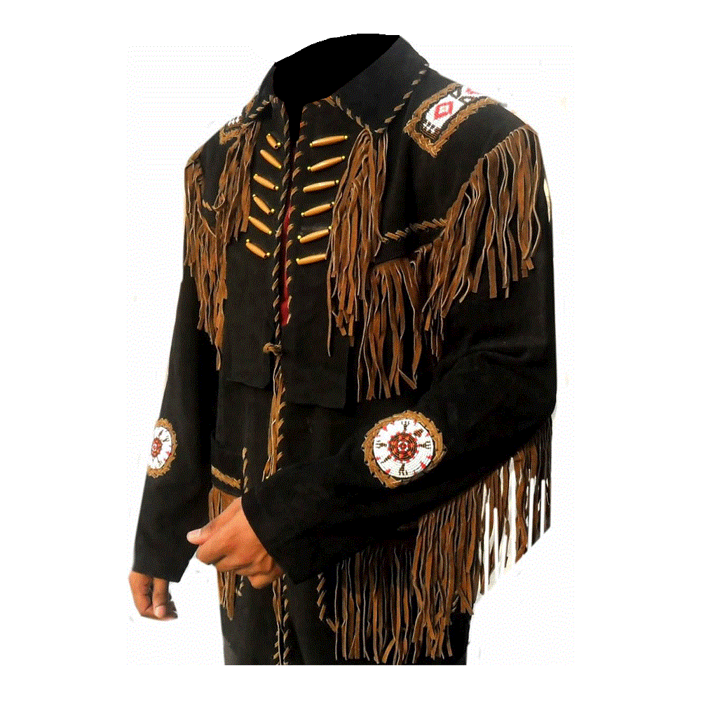 Western Black Fringe Beaded Suede Leather Jacket Cowboy Jacket LWJ3870