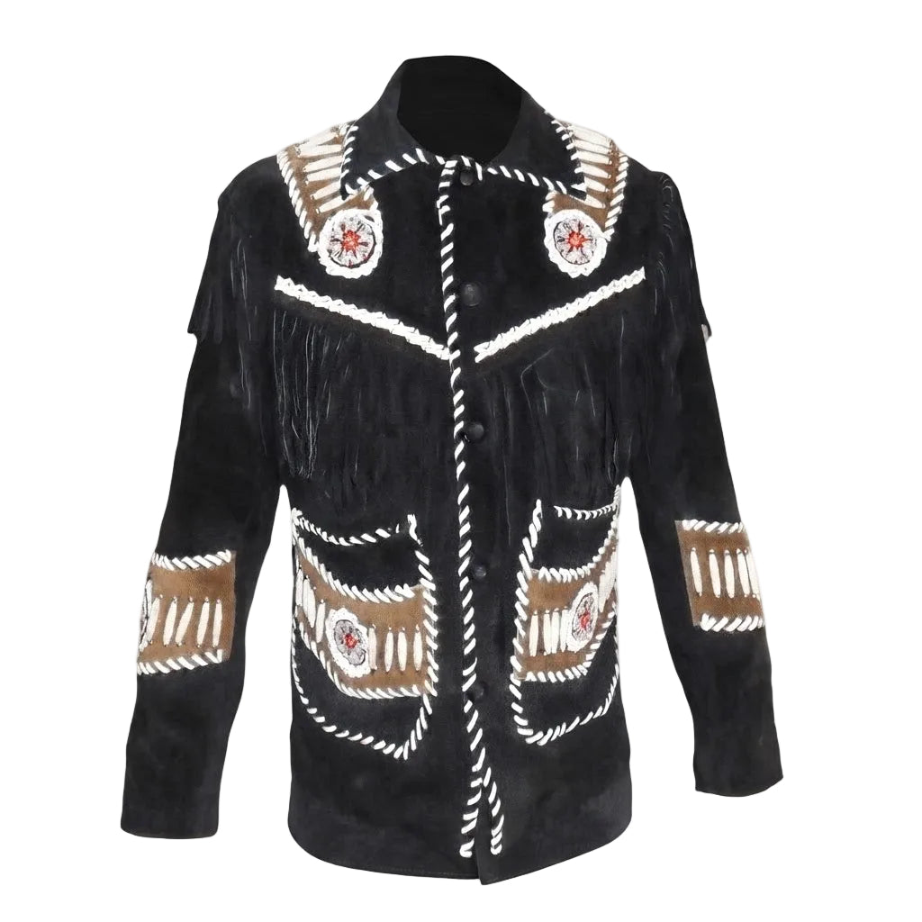 Black leather jacket with white and brown fringe and embroidery on a white background