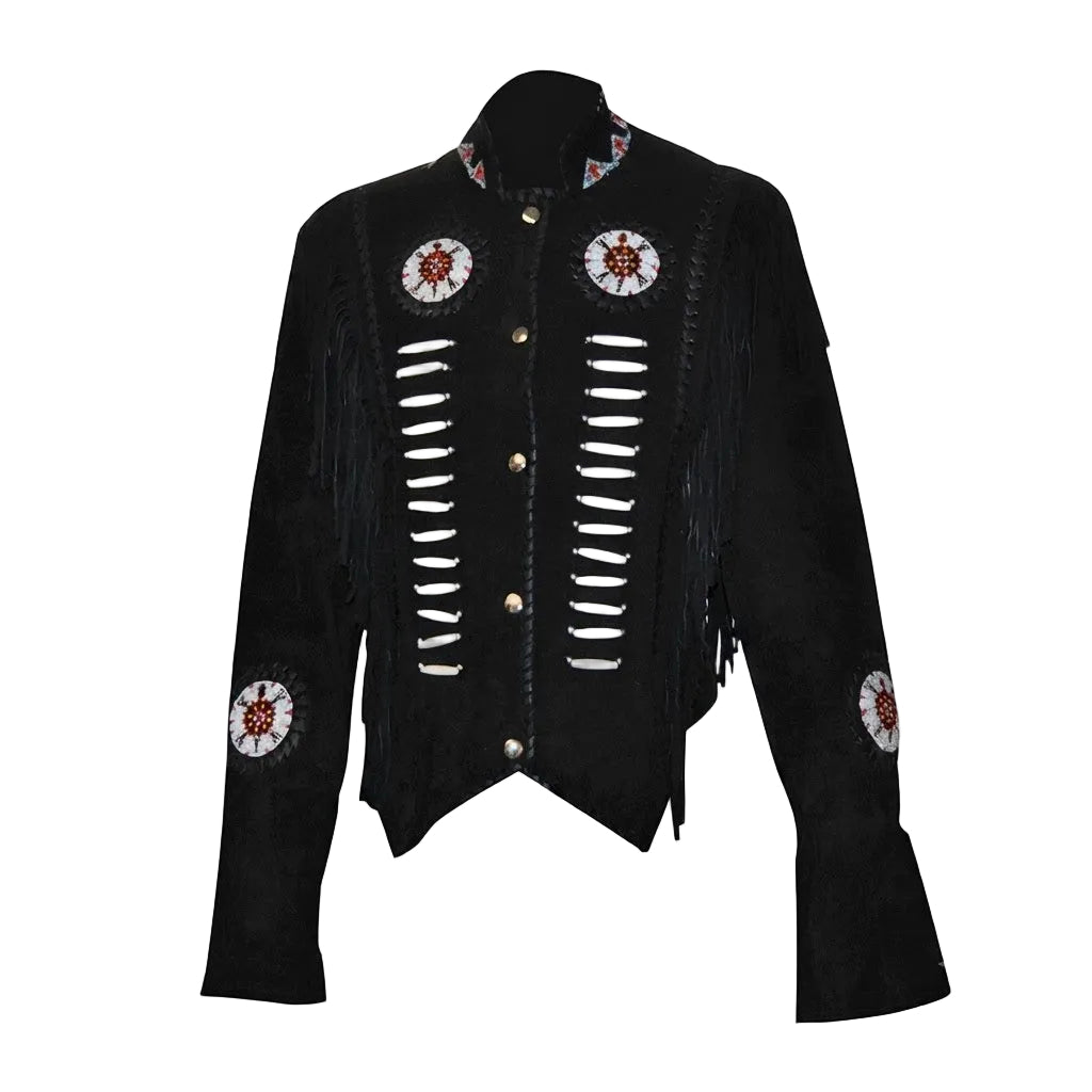 A black suede fringed jacket with white beadwork, gold buttons, and circular red and white embroidered patches on the chest and sleeves, shown against a plain white background.