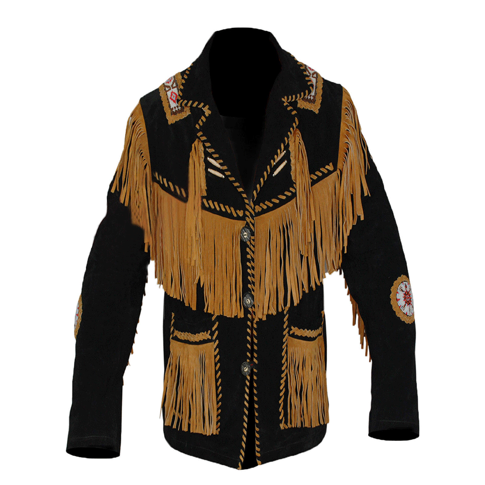 Western Fringe Beaded Black Suede Leather Jacket Cowboy Jacket LWJ3670