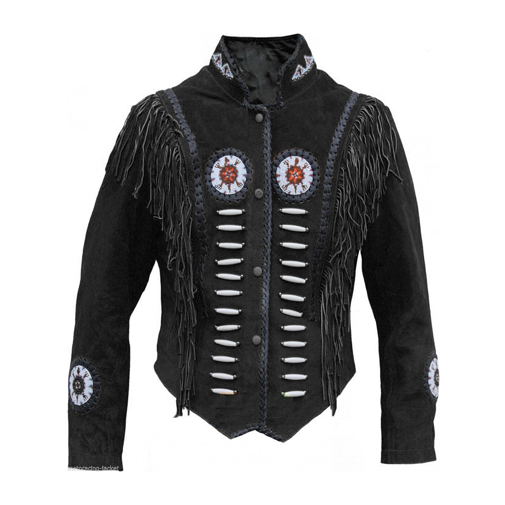 Western Black Suede Leather Fringe Beaded Jacket Cowboy Jacket LWJ365