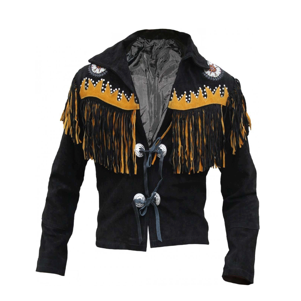 Western Black Suede Leather Fringe Beaded Jacket Cowboy Jacket LWJ368