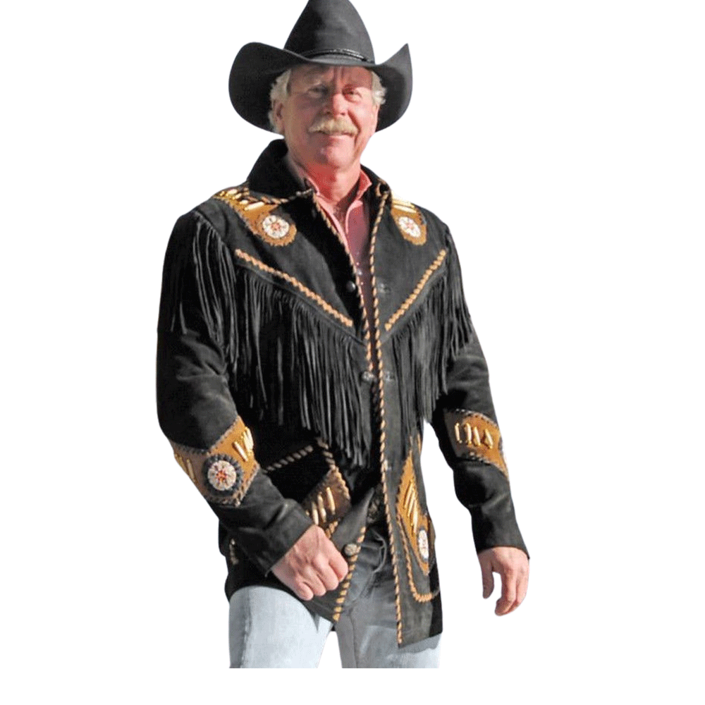 Black Suede Leather Fringe Beaded Jacket For Men