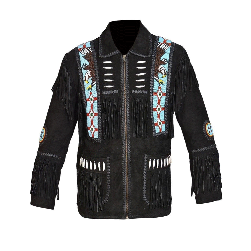 Black Suede Leather Eagle Beaded Jacket For Men