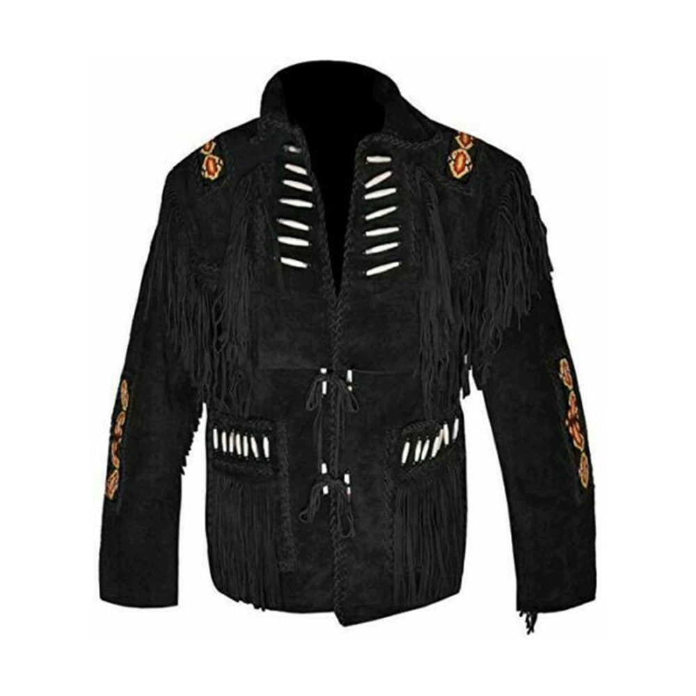 Black Suede Leather Fringe Beaded Jacket For Men
