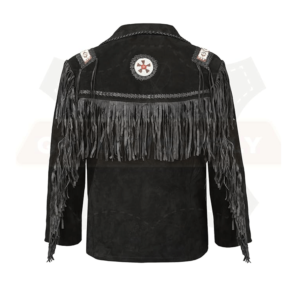 Western Black Suede Leather Fringe Beaded Jacket Cowboy Jacket LWJ371