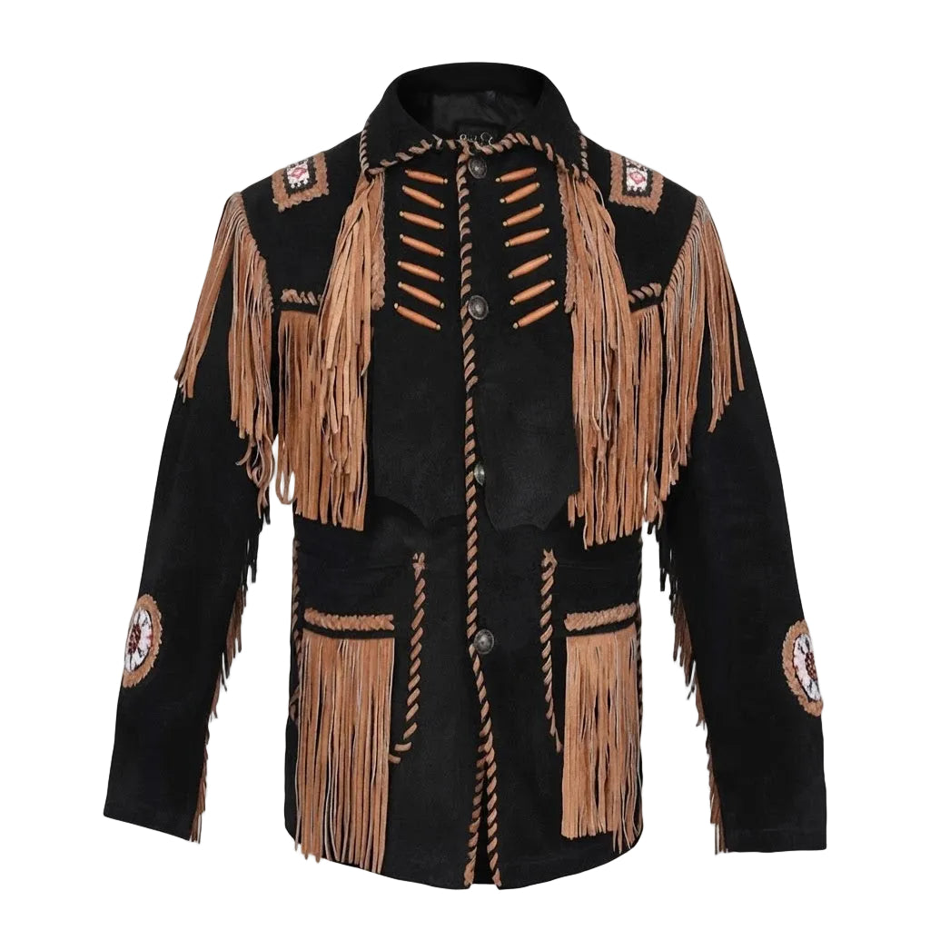 A black suede western-style jacket with extensive tan leather fringe, decorative braided trim, and embroidered patches on the shoulders and sleeves, shown against a plain white background.