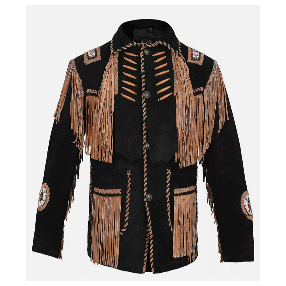 Western Black Fringe Beaded Suede Leather Jacket Cowboy Jacket LWJ3720