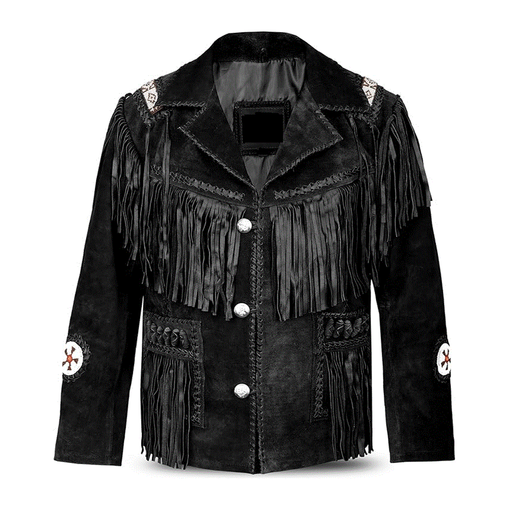 Black suede leather beaded jacket with fringes on white background