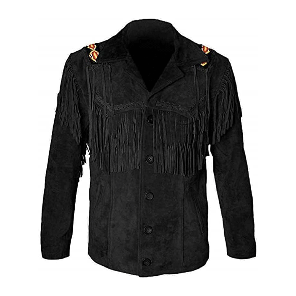 Western Black Suede Leather Fringe Beaded Jacket Cowboy Jacket LWJ362